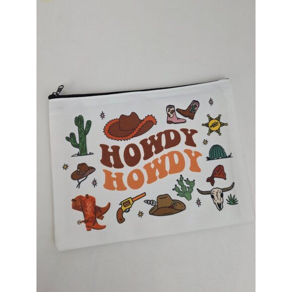 New Howdy Howdy Western Themed Zippered Canvas Pouch Bag Makeup Toiletries - Picture 1 of 6